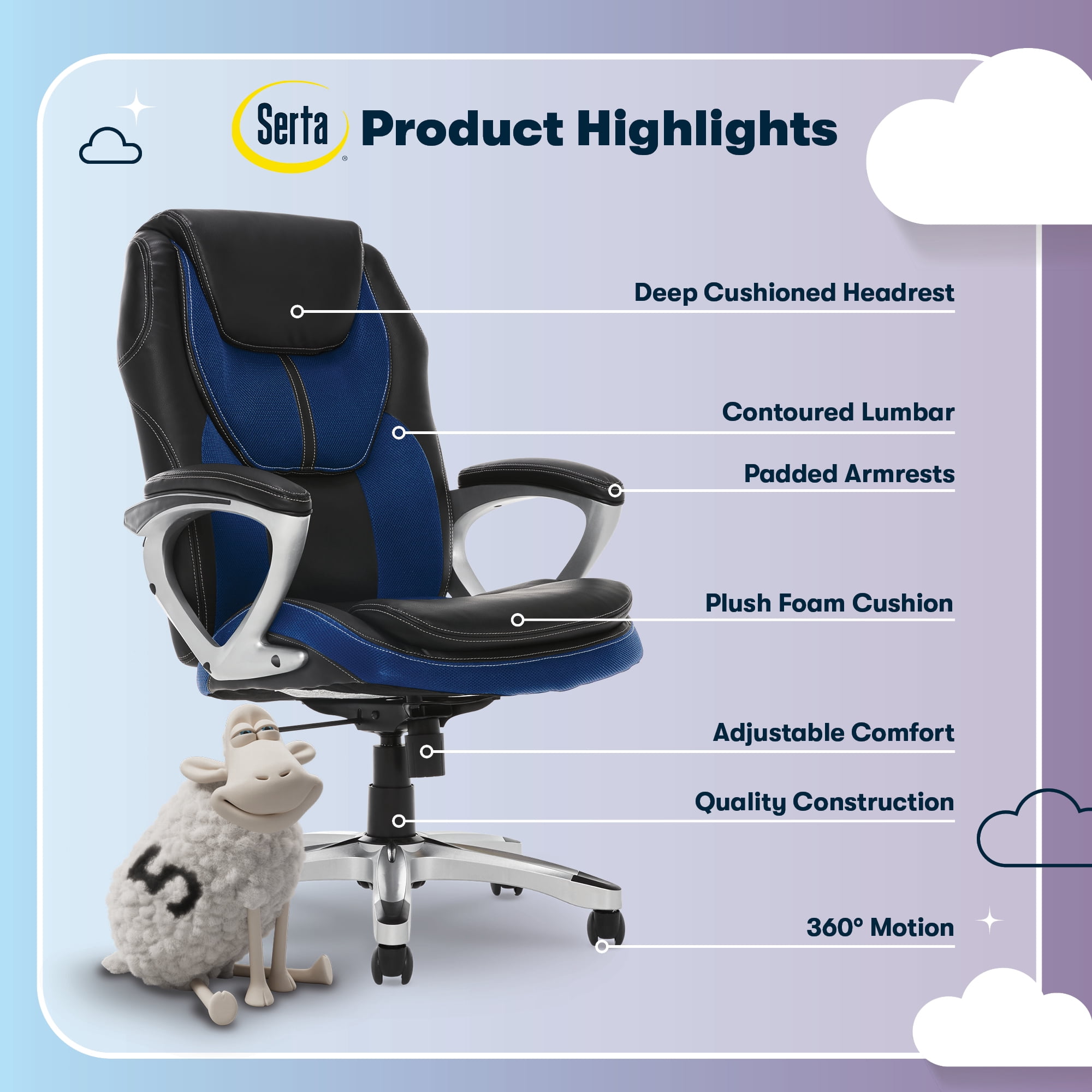 Serta®Amplify Executive Office Chair with Faux Leather and Mesh, Adjustable Ergonomic Comfy Seat with Lumbar Support, Modern Computer Desk Chairs, Swivel Rolling Wheels Blue