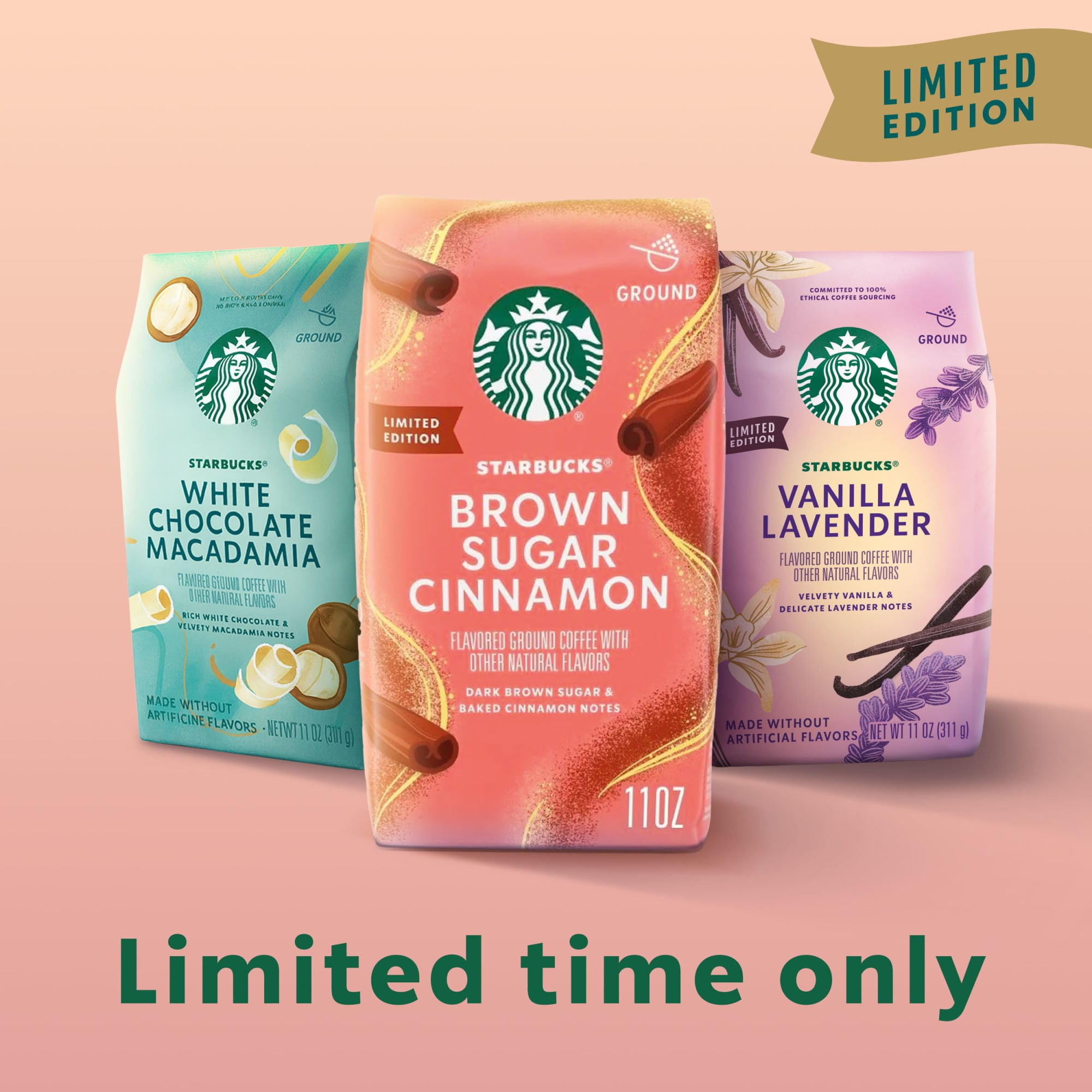 (6 pack) Starbucks Brown Sugar Cinnamon, Hot or Iced Coffee, Flavored Ground Coffee, 11 oz