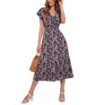 thumbnail image 3 of SAYOO - Vestido de gasa de manga corta para mujer, informal, con flores, cuello en V, cintura alta, línea A, de longitud media SAYOO Moda, 3 of 9