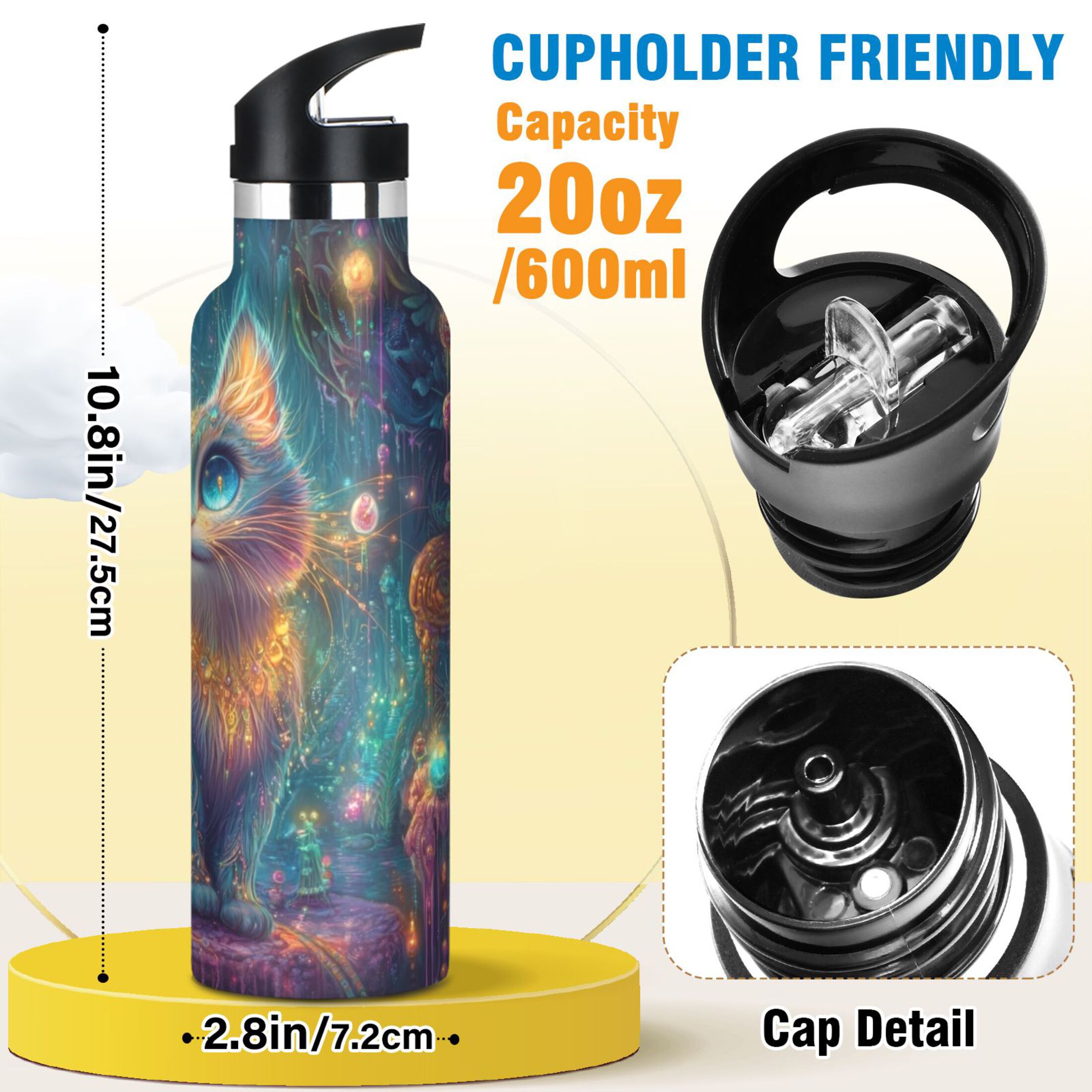 Kids Insulated Stainless Steel Sports Water Bottle 600ml (20oz) Mystical Cat