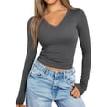 thumbnail image 4 of Long Sleeve Shirts for Women Fall Fashion V Neck Basics Crop Tops Slim Fitted Y2K Tops Outfits Clothes Grey L, 4 of 10