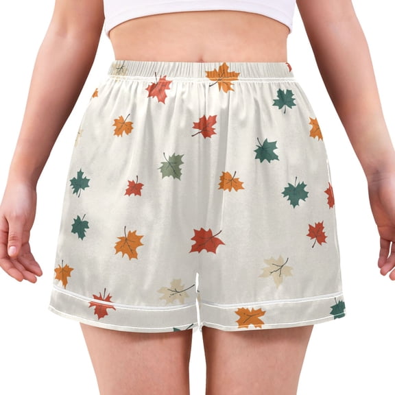 Women's Satin Pajama Shorts Multicolored Leaves with Pockets, Elastic Waist Sleep Lounge Shorts