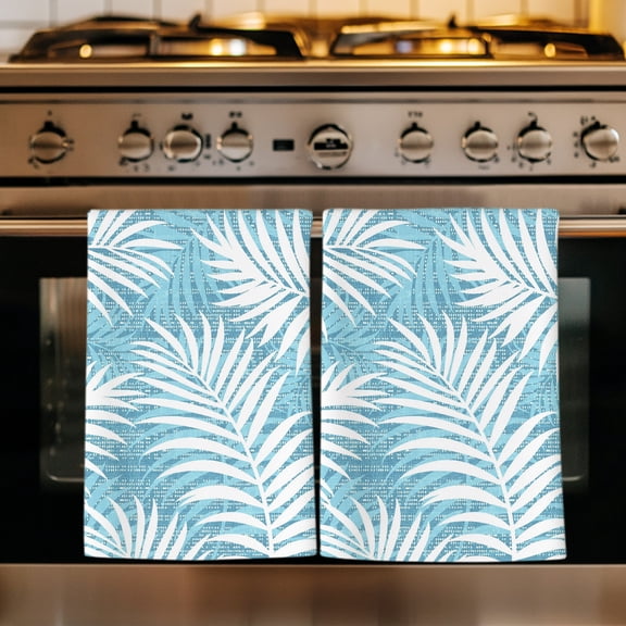 Teal Blue Palm Leaf Kitchen Towels Set of 2, Summer Coastal Botanical Tropical Absorbent Dish Towels for Kitchen, Microfiber Hand Towel, Quick Drying Tea Towel for Cleaning Decorative Dishcloths