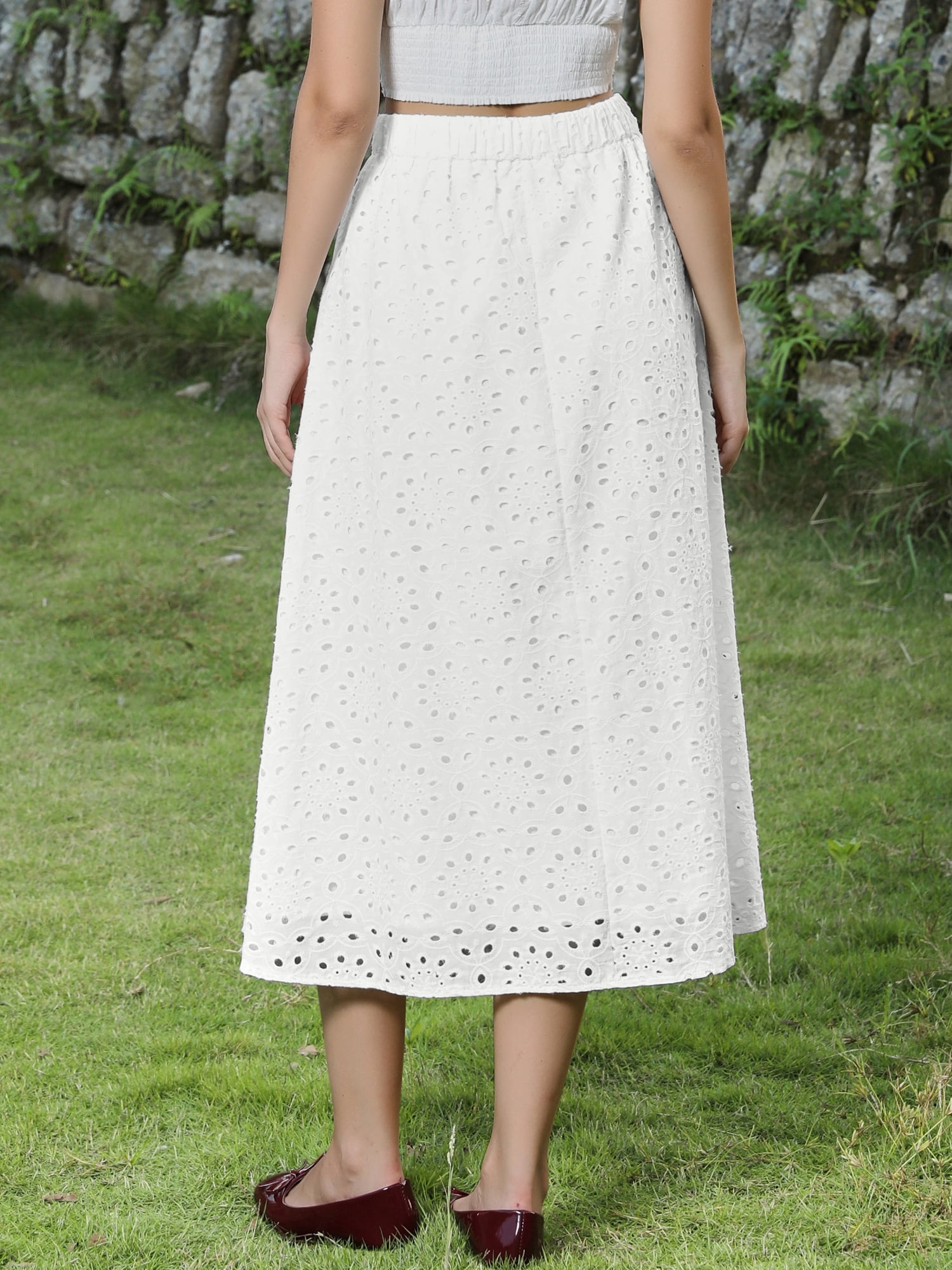 DARING DIVA Women's A Line Flowy Eyelet Midi Skirts Small White
