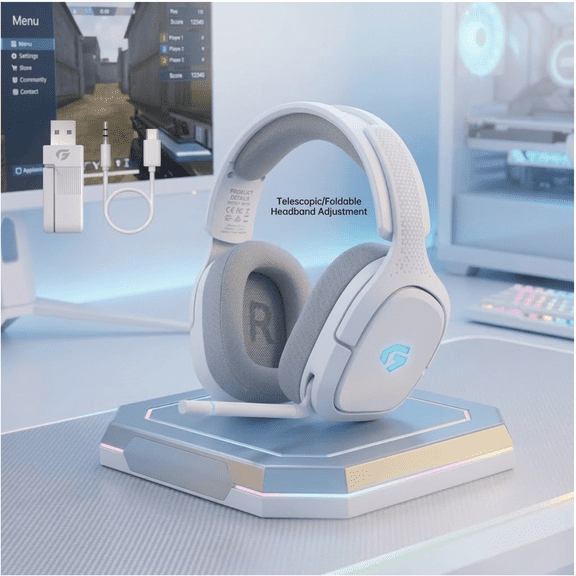 Captain 700 Pro 2.4GHz Wireless Gaming Headset for PS4/PS5/Switch/PC, Wireless gaming Headphones with Noise-Canceling Flip Mic, 3.5mm Wired Mode for Xbox Series,LED Light,White