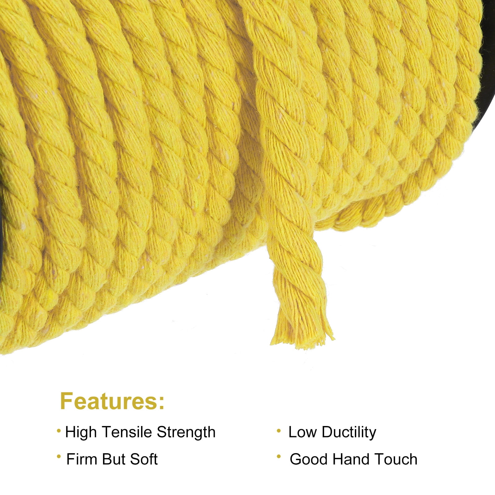 Cotton Rope 3 Strand Twisted Braided Rope Cord, Yellow 40m/47 Yard 8mm Dia for Wall Hanging, Plant Hanger