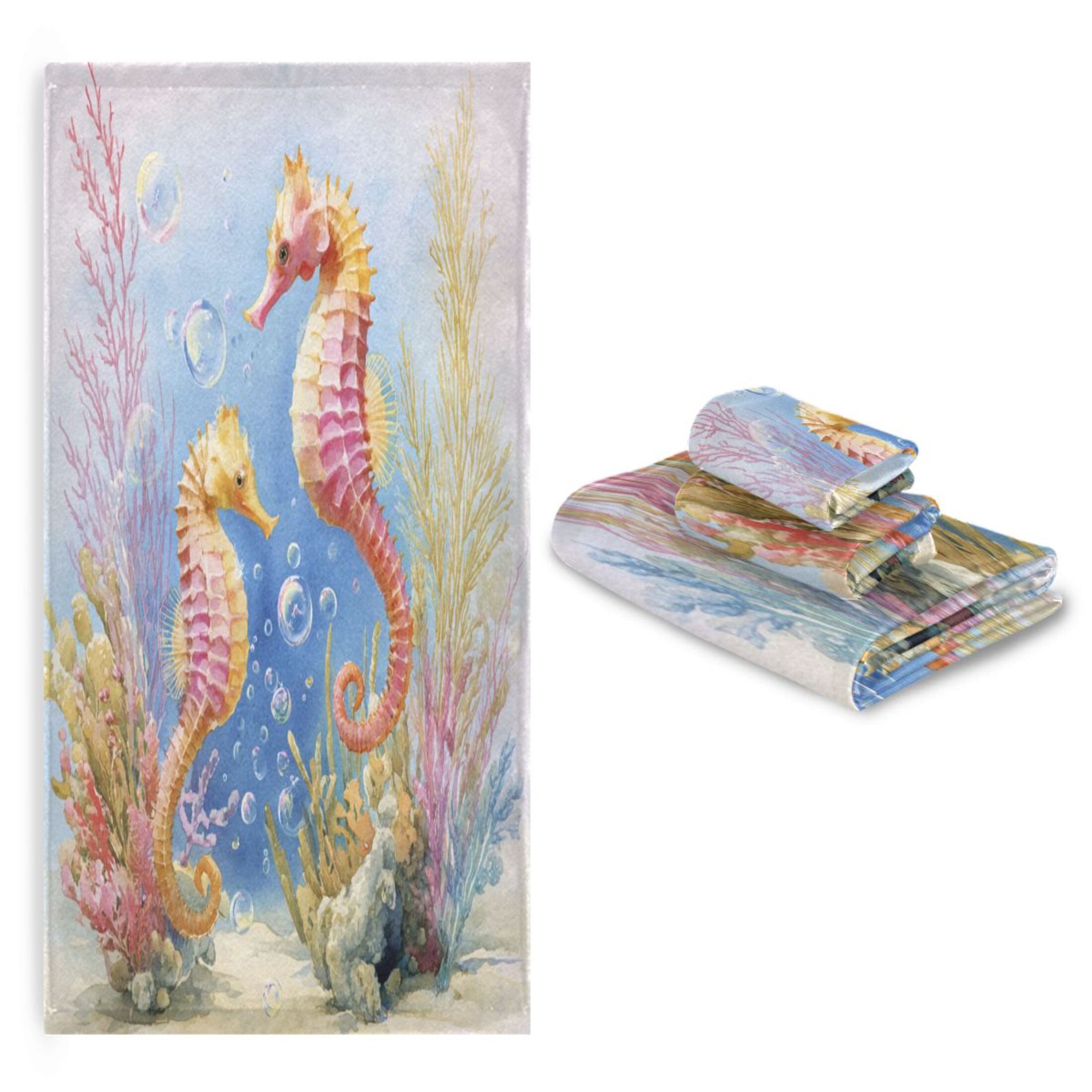 3 Piece Bath Towels Set Bath Towel, Hand Towel and Face Towel for Bathroom, Gym, Hotel Cute Seahorse Pattern