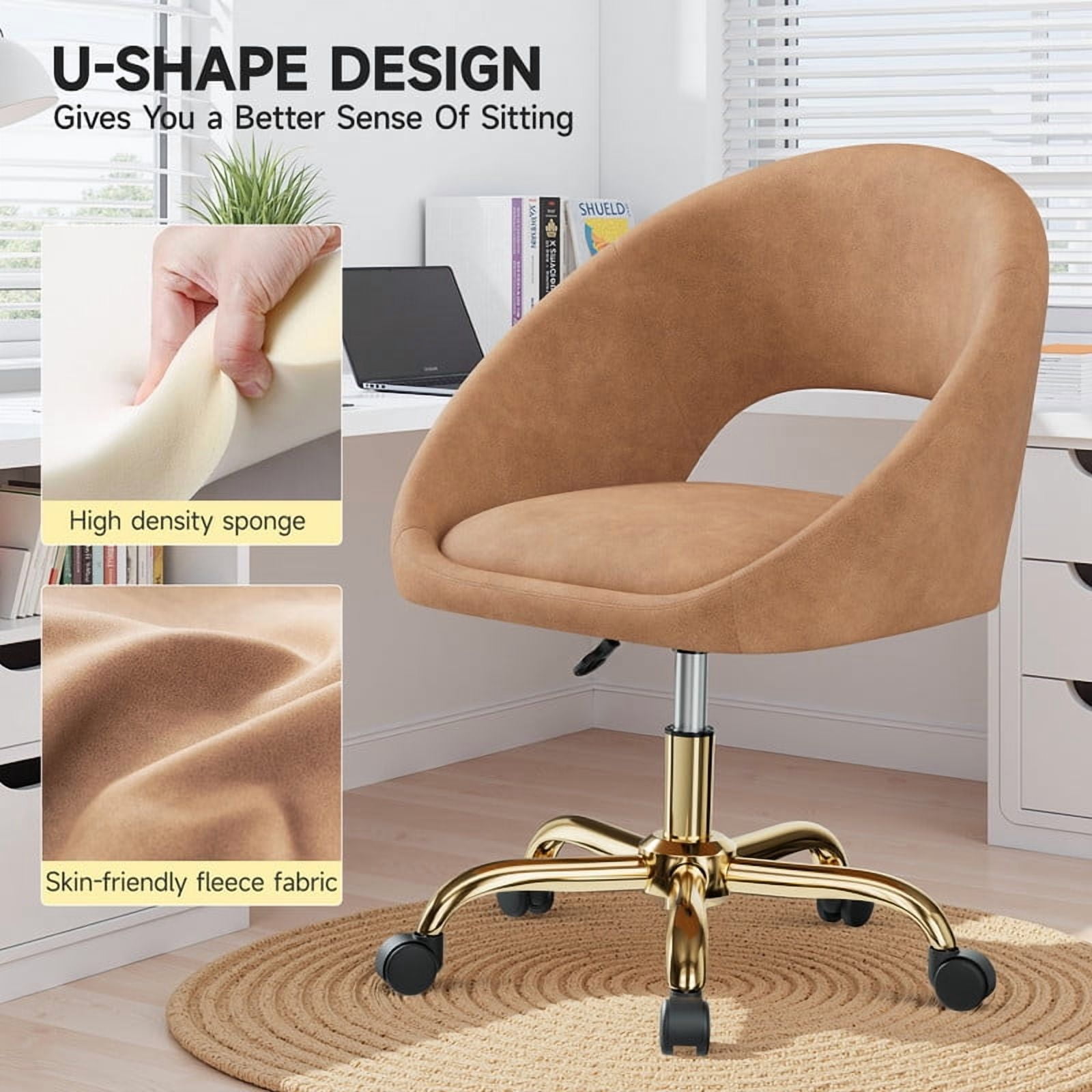 ATHOPE Vanity Chair, Fleece Office Chair with Gold Wheels, Comfy Home Office Desk Chair for Girls, Swivel Make Up Chair, Nail Tech Chair for Bedroom, Small Space, Brown