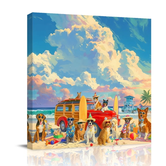 Holiday Dogs Canvas Wall Art for Living Room, Oil Painting Summer Beach Ocean Sky Poster Print Painting for Bedroom Office Home Decoration Wall Pictures Prepare To Hang 10"x10"
