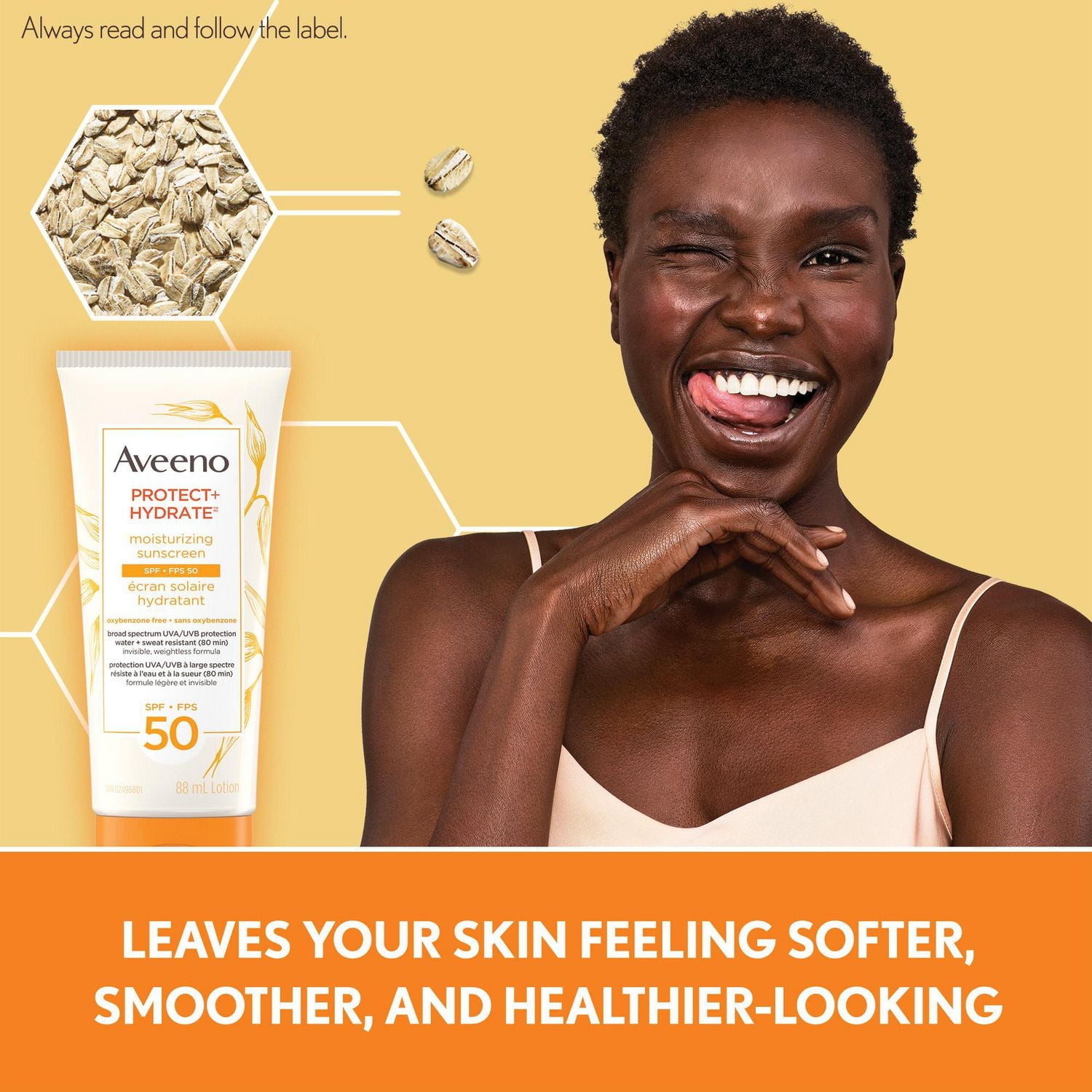 Écran solaire hydratant Aveeno Protect + Hydrate FPS 50 à large spectre et avoine prébiotique hydratante, légère, sans parabènes, sans huile et sans oxybenzone 88 ml