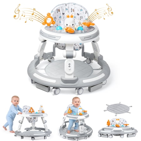 Convertible Baby Walker 4-in-1 Activity Center, Foldable Push Walker for Boys & Girls 6+ Months, Height Adjustable Anti-Rollover Design with Silent Wheels & Feeding Tray