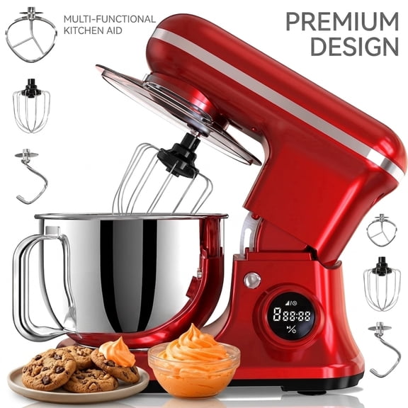 Fenbeli 5.3Qt Stand Mixer with LCD Timer Control, Powerful Electric Kitchen Mixer with Dough Hook, Wire Whisk and Flat Beater, Red