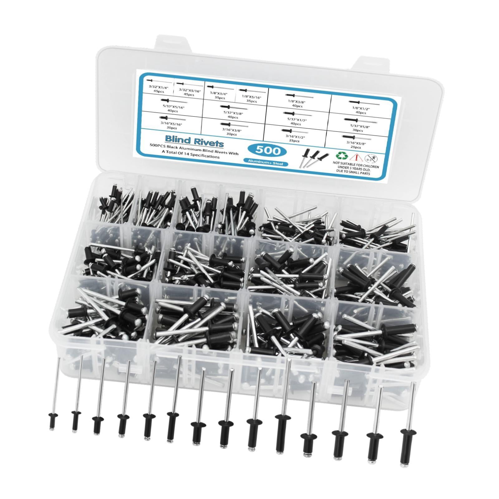 figatia 500Pcs Rivets Aluminum Steel Open End Rivets with Divider Labeled Case Black