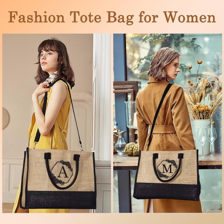 YOOLIFE Personalized Initial Jute Tote Bag - Large Beach Bag With Zipper Pocket & Adjustable Strap