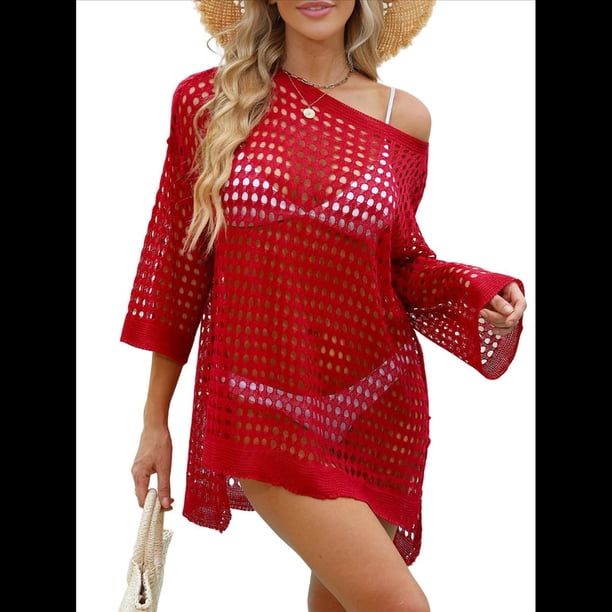 Vestido de Crochet de Gran Tamaño para Mujer, con Cuello y Aberturas, para Verano Rojo un Tamaño