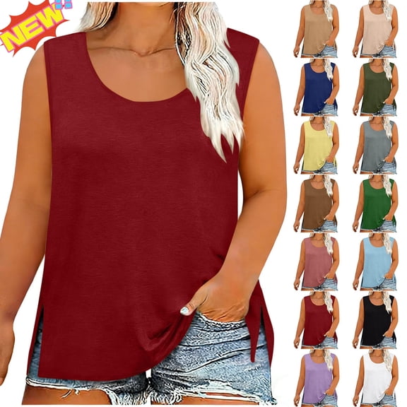 Taqqpue Summer Tank Tops for Women Crew Neck Loose Fit Casual Fashion Solid Color Flowy Sleeveless Blouse Shirts Side Split Plus Size T Shirts