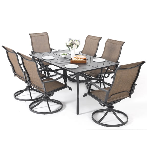 Nuu Garden 7-Piece Patio Dining Table Set, Outdoor Iron Dining Set with Umbrella Hole, Splicing Table and 6 Textilene Swivel Chairs, Brown and Black