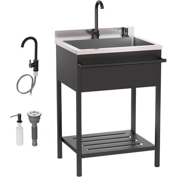 Ktaxon Stainless Steel Utility Sink, Free Standing Sink with Faucet & Towel Rack, Perfect for Laundry Room, Kitchen, Restaurant, Garage, Backyard, 19"D x 26"W x 39"H