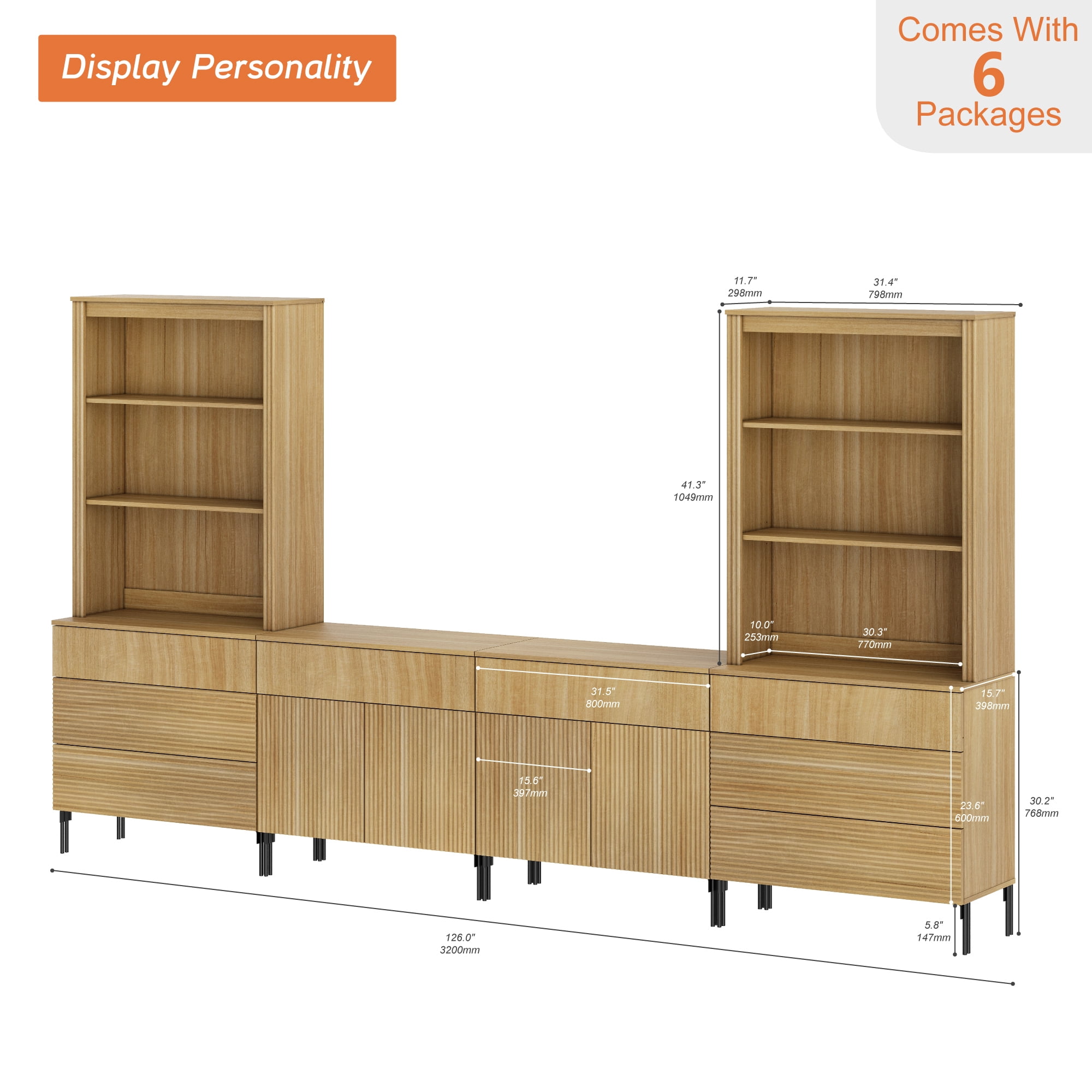 71"H X 126"W Tall Fluted Bookshelf with 8 Drawers and 4 Doors, Modern 10-Tier Bookcase with Open Storage, Large Wood Display Cabinet For Living Room Bedroom Home Office Kitchen