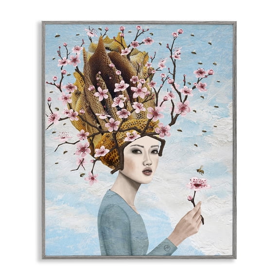 Stupell Industries Eclectic Cherry Blossom Girl Gray Framed Giclee Art, 16 x 20, by Paula Belle Flores