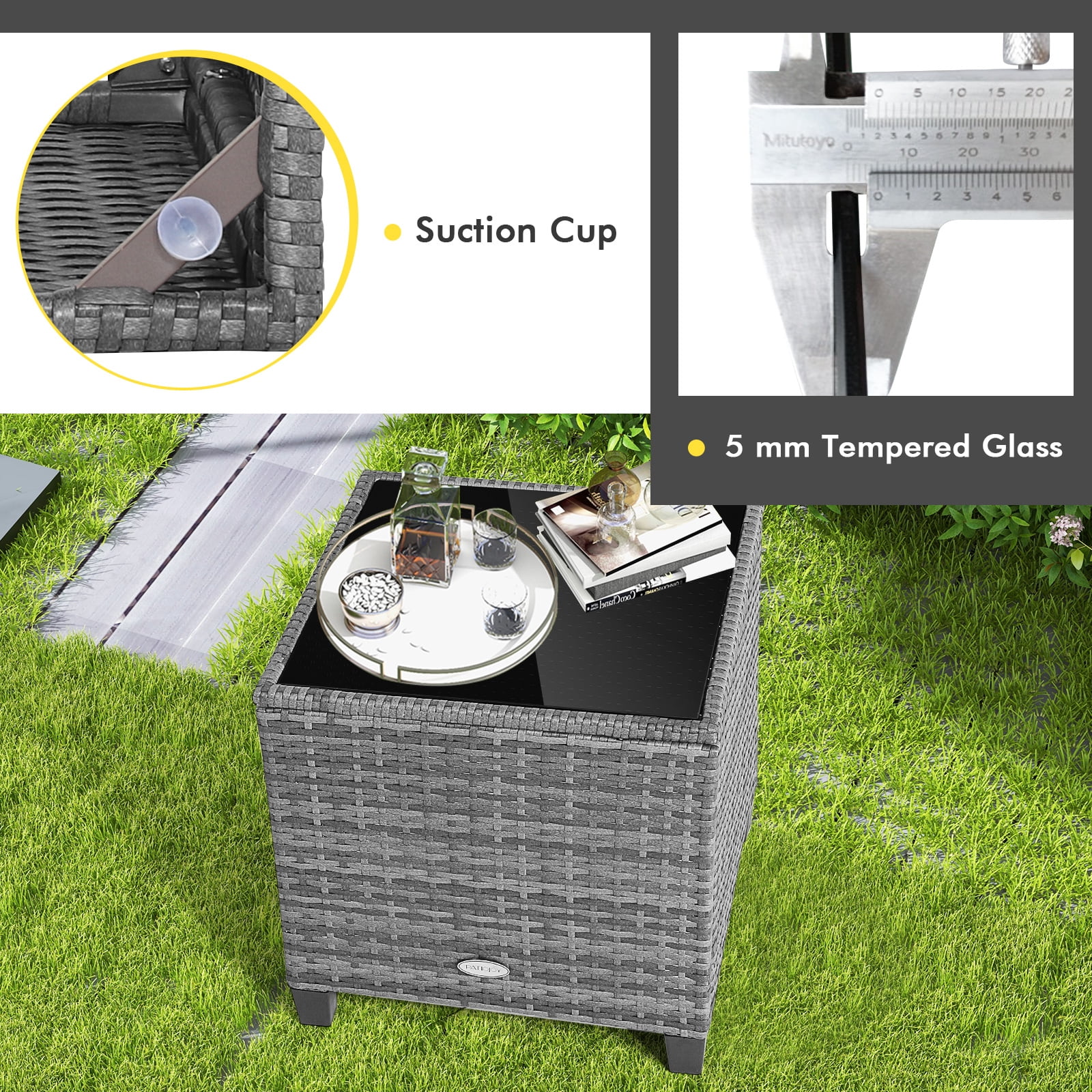 Costway 3PCS Patio Rattan Furniture Bistro Set Cushioned Sofas Side Table Armrest Beige,Mix Gray