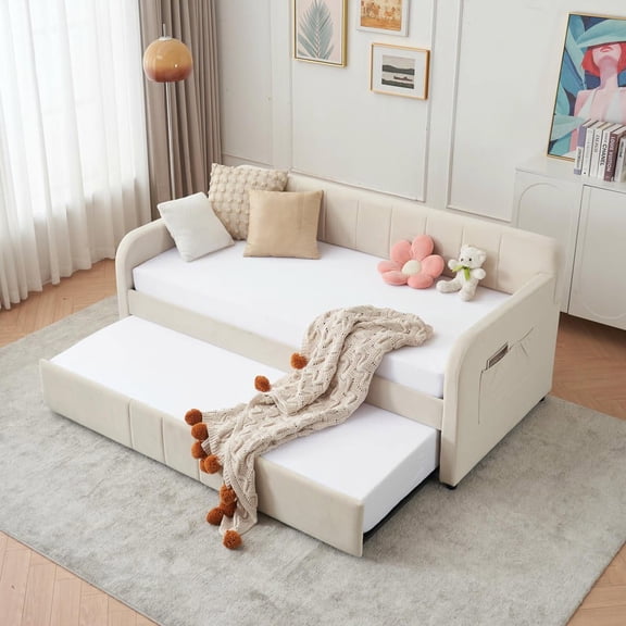 Resenkos Twin Upholstered Daybed Frame with Trundle, Twin Size Sofa Bed with Wood Slat Support for Bedroom and Guest Room, Beige