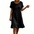 thumbnail image 2 of Qulqfy Summer Dresses for Women Cotton Linen Scoop Neck Plus Size Midi Dress Short Sleeve Black Casual Ruffle Button Vacation Sundress L, 2 of 7