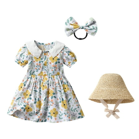 

Little Dress Kids Toddler Baby Spring Summer Print Floral Short Sleeve Princess Hat Headbands 3Pc Outfits Clothing