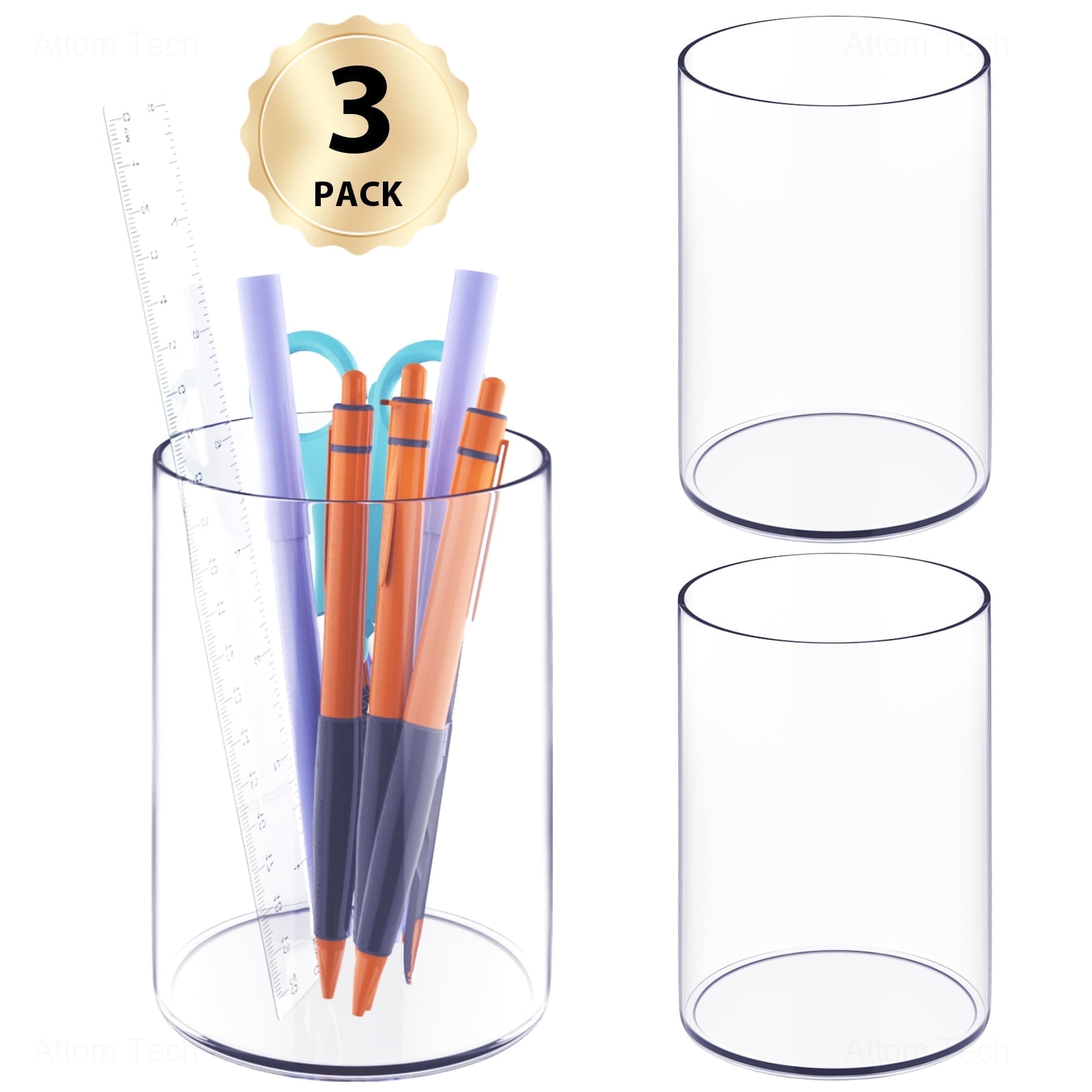 NiOffice Clear Acrylic Pen and Pencil Holders Set of 3, Stylish Plastic Desk Organizer, Round Makeup Brush Storage Perfect for Home and Office Supplies