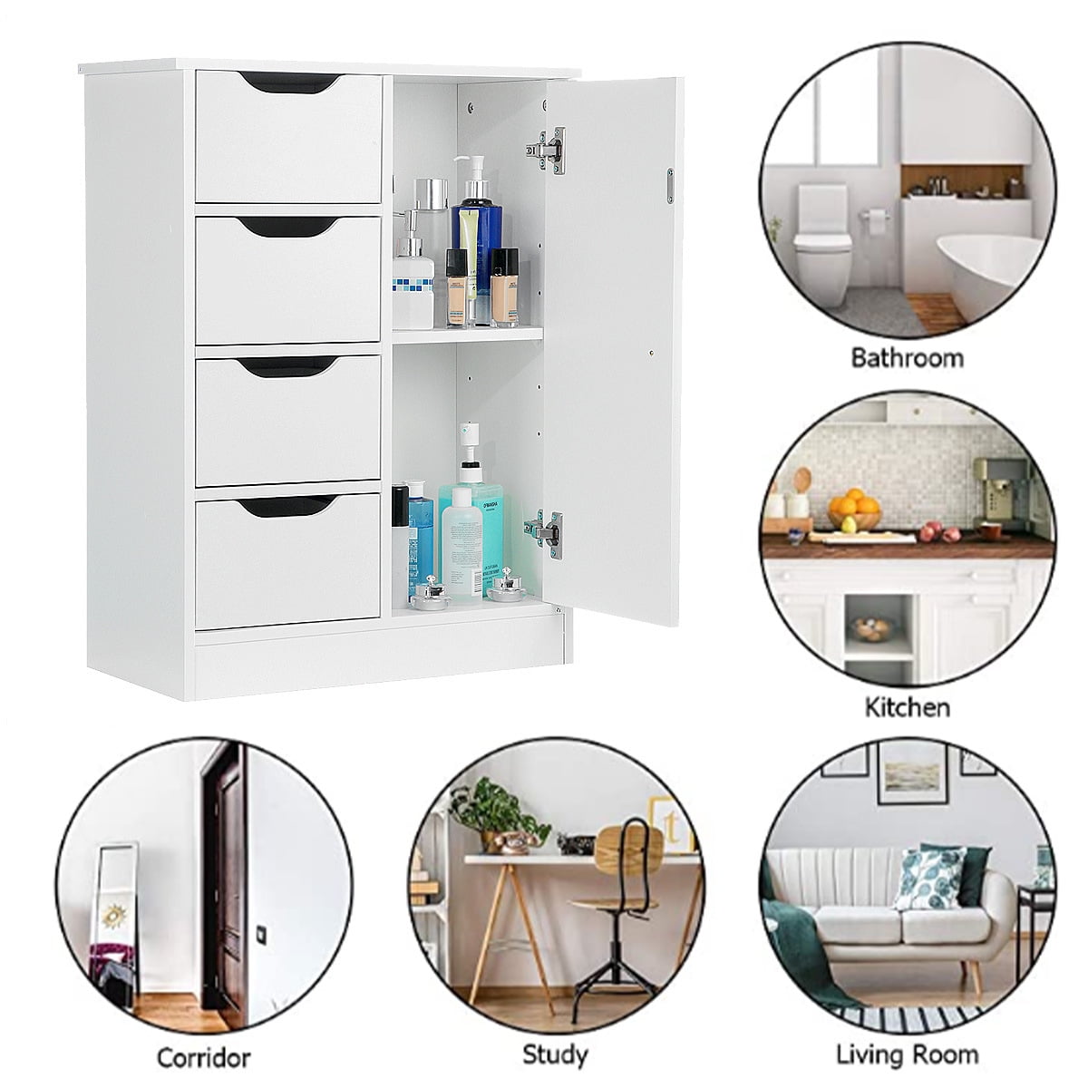 SIXWIN Wooden Bathroom Floor Side Storage Organizer with 4 Drawers and 1