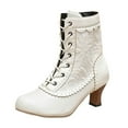 thumbnail image 6 of Rokment Women's Vintage Combat Dress Boots Retro White Black Leather Pointed Toe Kitten Heels Mid Calf Ankle Booties White Size 7.5, 6 of 8