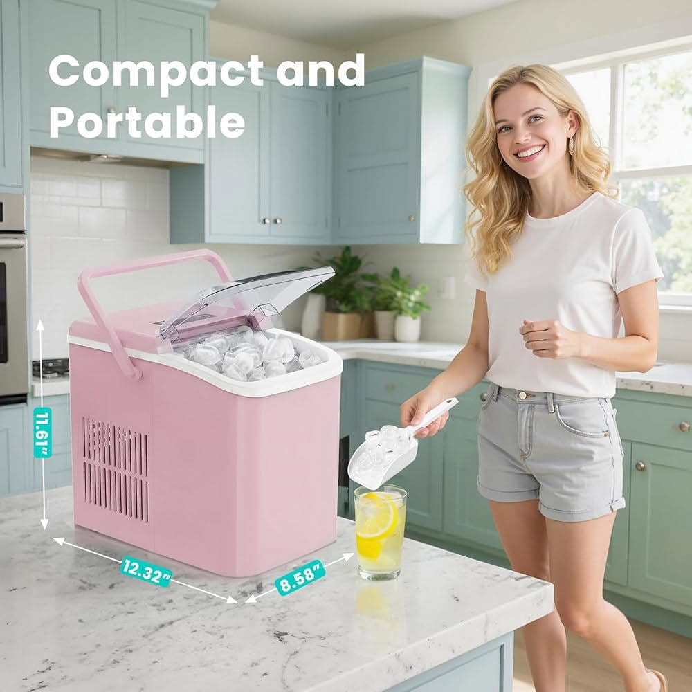 Countertop Ice Maker Portable Machine with Self-Cleaning, 26lbs/24hr, 2 Ice Sizes, Basket & Scoop, Compact Design with Handle for Kitchen, Office, Camping, Pink