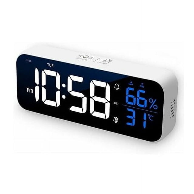 Reloj despertador digital, reloj despertador digital LED con funciones de alarma/repetición/temperatura/control de sonido, reloj despertador digital, espejo recargable USB de 12/24 horas para dormitor