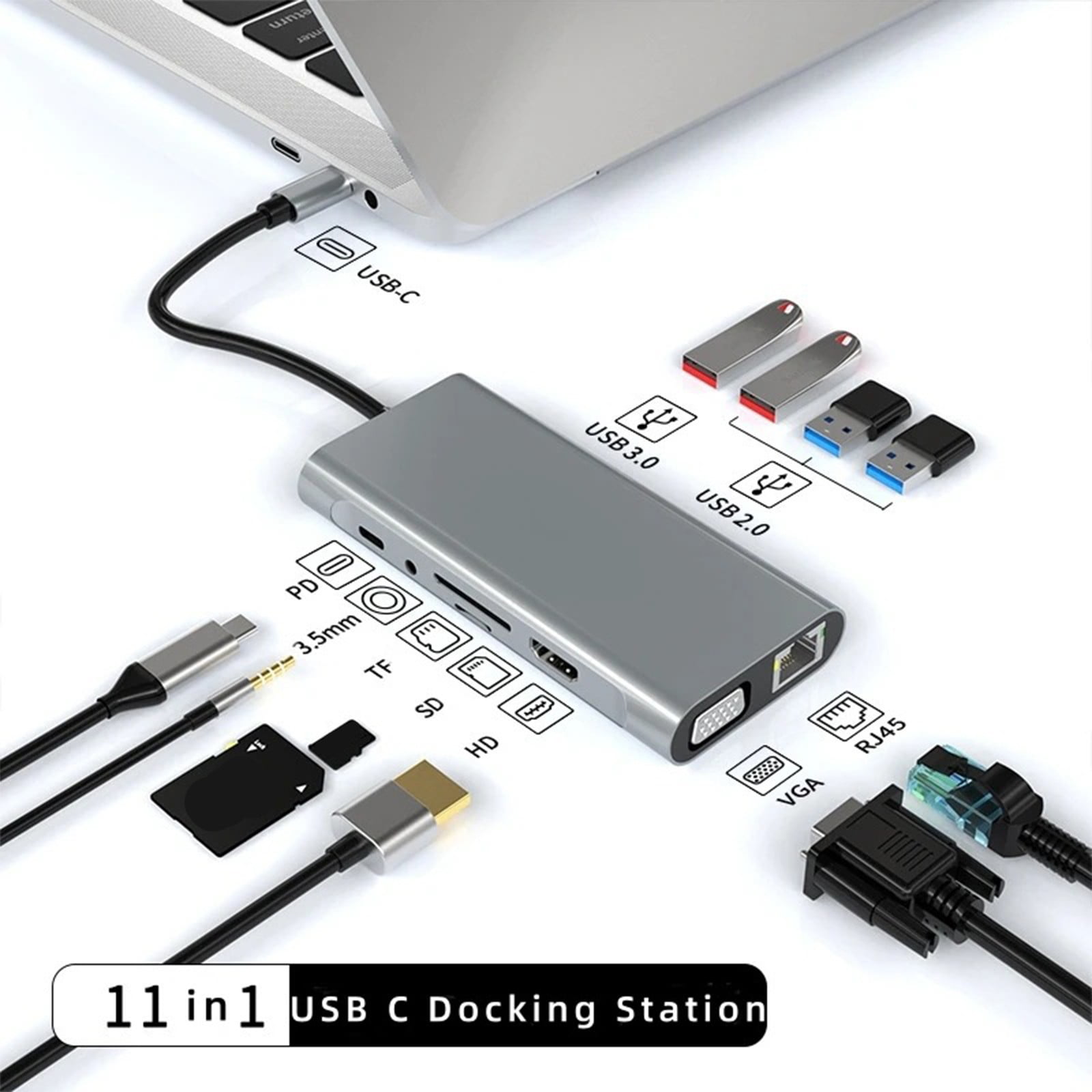 Aluminum USB Type C Hubs 11 Port Supports 5Gbps Data Transfer 4K Video Output PD100W Charging Card Reader
