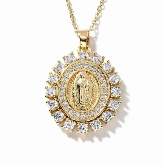 Gold Plated Cs Zirconia Guadalupe Virgin Mary Necklace Pendant Multicolor N61