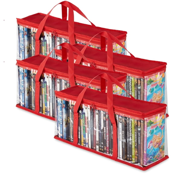 Stock Your Home DVD Storage Bags (Set of 4) Media Organizer Bag for DVDs, CDs, Blu Ray Disc, Movie Cases, VHS Box, Video Game Disks, Clear Plastic Holders with Carrying Handles and Zipper - Red