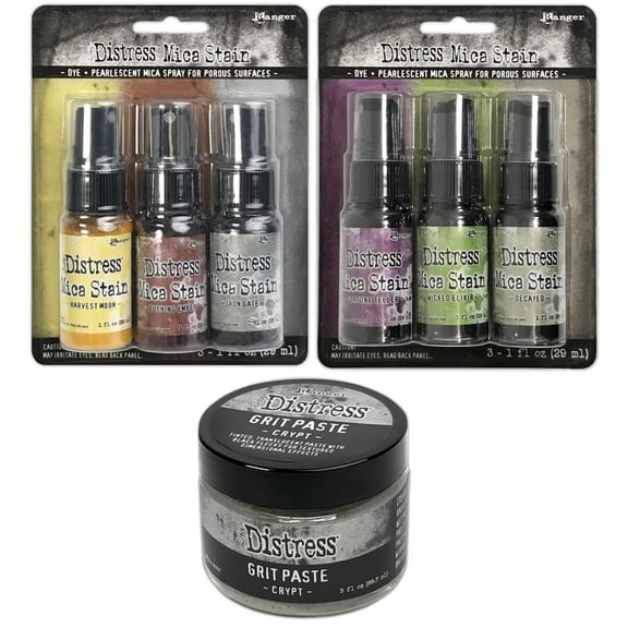 Tim Holtz Distress 2022 Halloween Mica Stains Sets #3 and #4 and Halloween Crypt Grit Paste - Limited Edition - 3 Item Bundle, red green