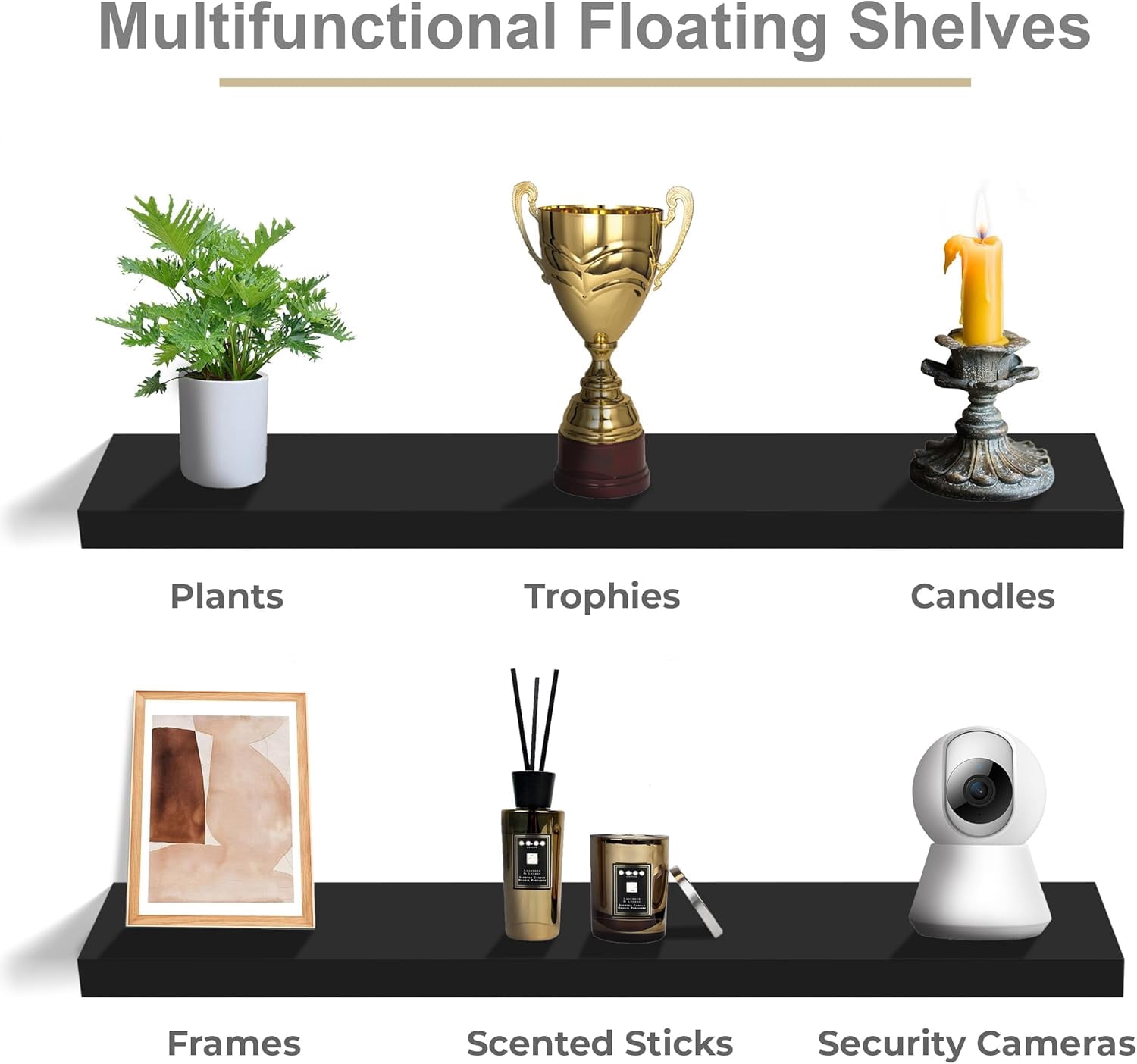 CHTER Floating Shelves for Wall - 35 Inch Long Bathroom Shelves, Wall Decor for Bedroom, Kitchen, Living Room & Book Storage - Mounted Floating Shelf with Invisible Brackets (Black, 2 Pack)