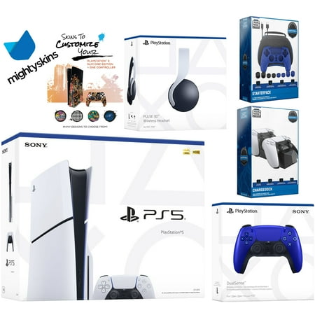 Sony Playstation 5 Slim Disc Bundle with White Pulse Headset, Extra Cobalt Blue Controller, Pro Gamer Kit, Dual Charge Dock and MightySkins Decal Voucher