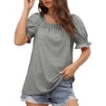 thumbnail image 2 of Camiseta de manga soplada para mujer, color puro, suelta, suave, agradable a la piel, blusa de manga corta de moda para trabajo de oficina al aire libre, 2 of 6