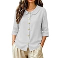 thumbnail image 6 of IPYUI Linen Button Down Shirt for Women Peter Pan Collar Gauzy Tops Lightweight Tops V Neck Tops Pullover Basic Tees Elbow Sleeve Three Quarter Sleeve Tops 3/4 Length Sleeve Tops Womens Tshirts, 6 of 8