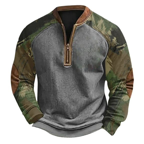 Mens Sweatshirt 3D Pattern Half Zip Hoodless Long Sleeve Pullover for Winter