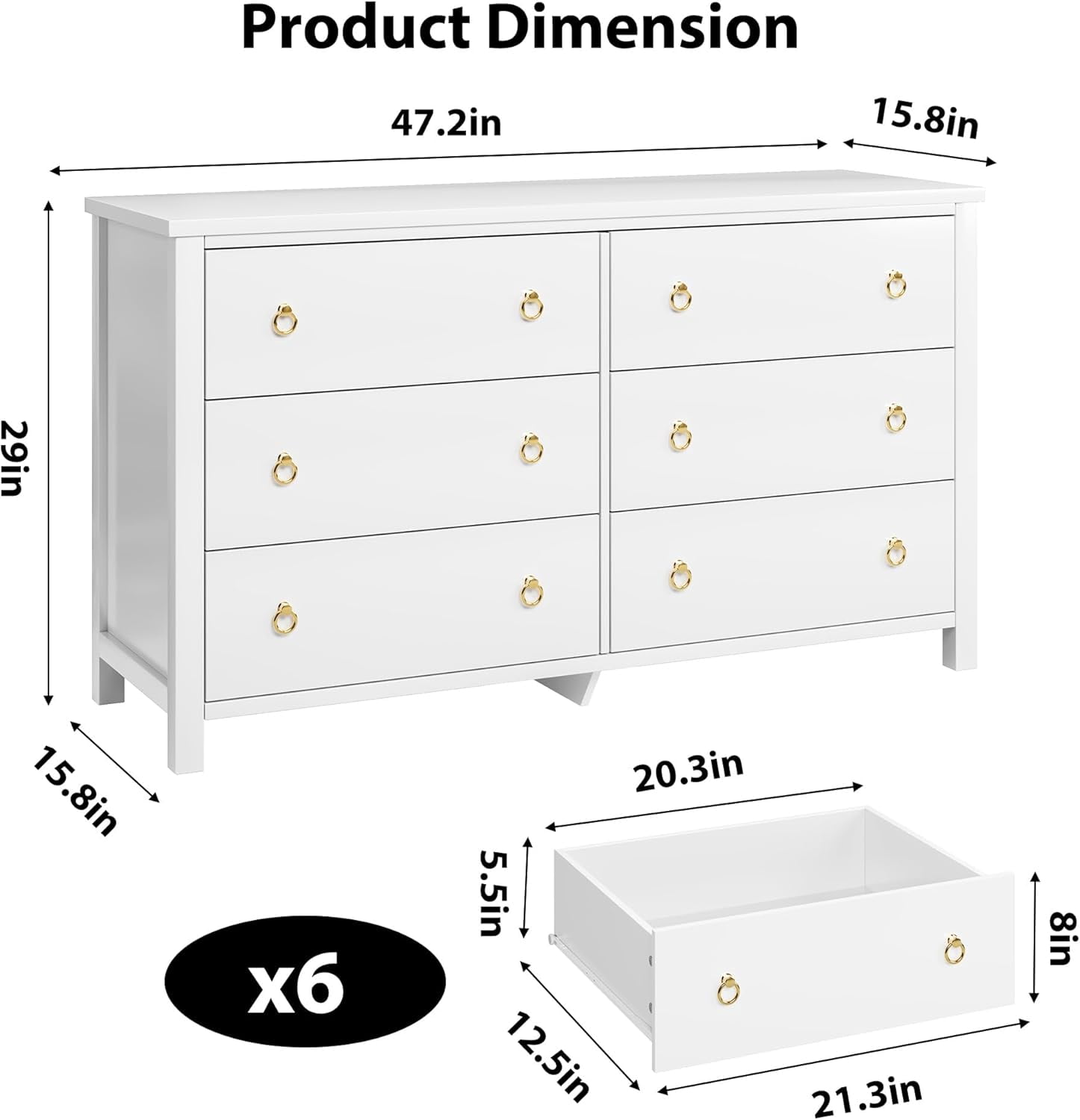 6 Drawers Dresser, 47 Inch Wide Chest of Drawers, Large Clothes Storage Cabinet & TV Stand, Wood Bedroom Dresser for Nursery, Living Room, Hallway, White