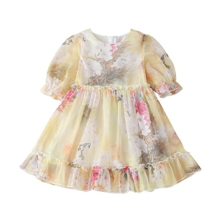 Kids Toddler Baby Girls Spring Summer Floral Ruffle Short Sleeve Princess Dress Party Clothing Girls Dress Corduroy