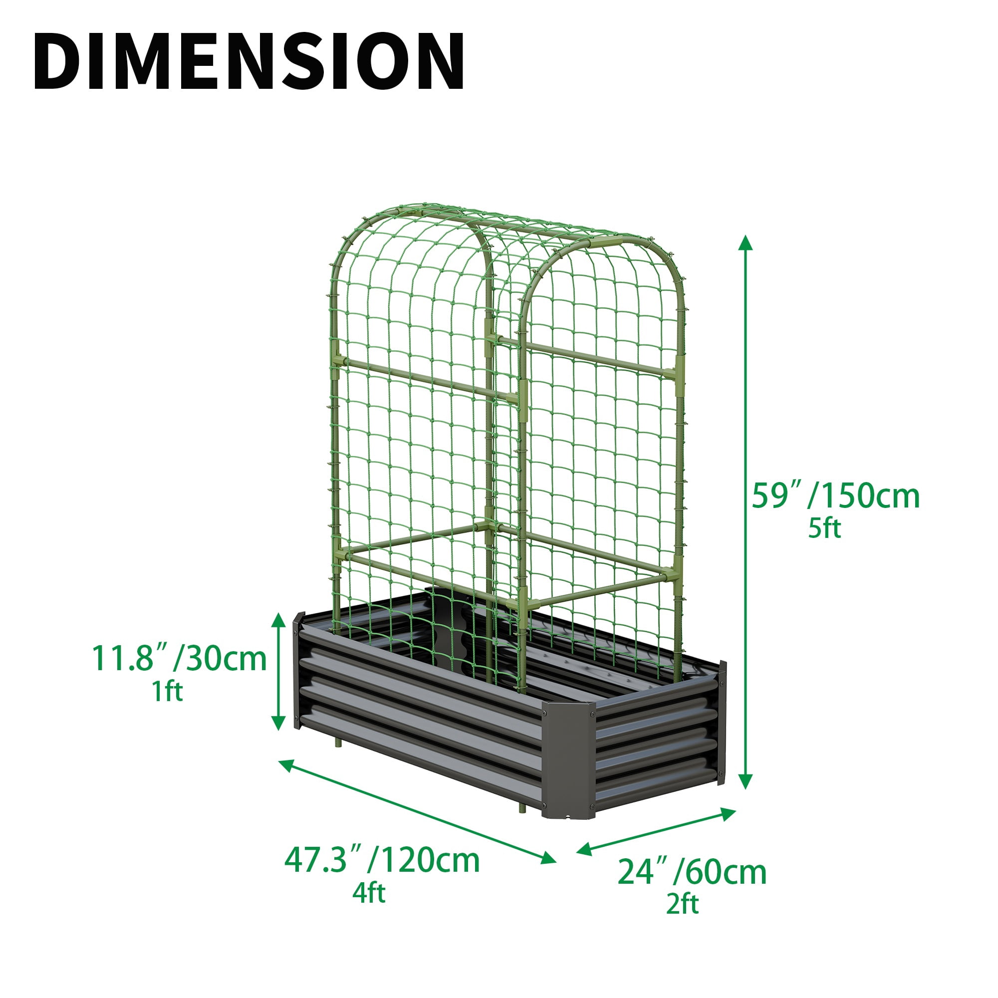 2-in-1 Galvanized Metal Raised Garden Bed with 59" Arch Trellis, 4×2×1 FT Outdoor Planter Box with Climbing Net for Vegetables Fruits Flowers