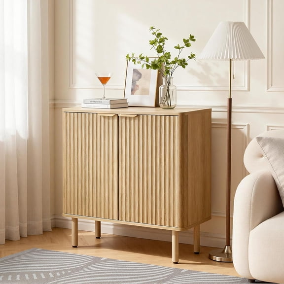 Buffet Cabinet Sideboard with 2-Tier Storage Oak Fluted Design for Living Room Kitchen Entryway
