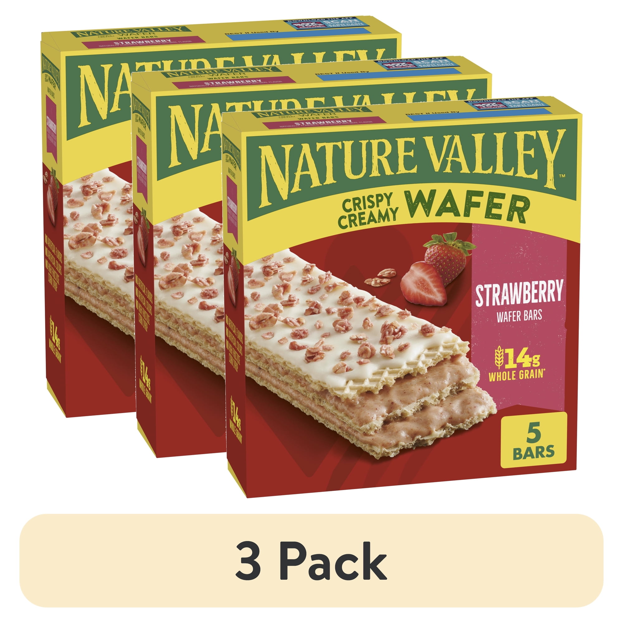 (3 pack) Nature Valley Crispy Creamy Wafer Bars, Strawberry, Whole Grain, 5 Bars, 6.5 oz