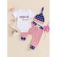 thumbnail image 2 of Bslissey 4th of July Baby Boys Long Pants Sets Short Sleeve Letter Embroidered Romper + Stripe Stars Print Trousers + Hat 0-18M Newborn Infant Casual 3Pcs Summer Outfits, 2 of 9