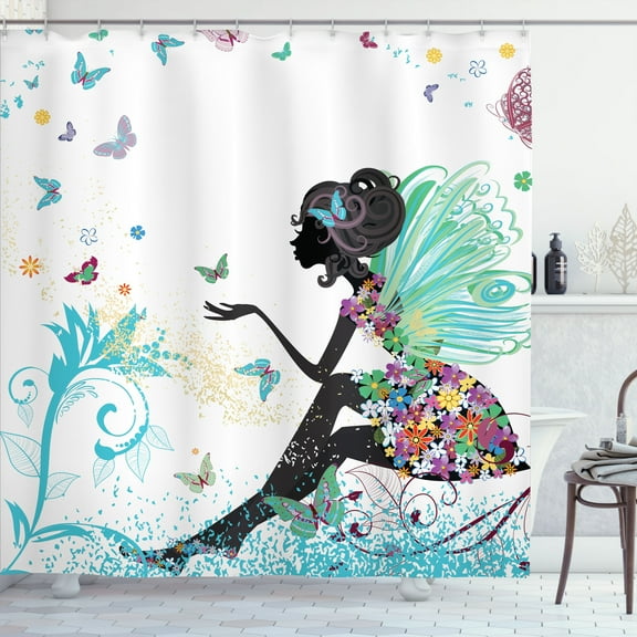 Ambesonne Fantasy Shower Curtain, Spring Wings Floral Print, 69"Wx70"L, Turquoise Black