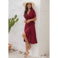 thumbnail image 2 of Women Summer Dress Wrap V-Neck Short Sleeve Casual Beach Dress A-Line Pleated Midi Sun Dresses (Wine, S), 2 of 5